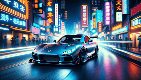 DALL·E 2024-01-08 11.36.53 - A high-quality photo of a Mazda RX-7 (FD3S) speeding through a neon-lit city at night. The car looks ultra-cool and stylish with a sleek, glossy body 