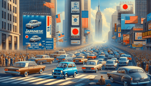 DALL·E 2024-01-08 21.47.15 - A dynamic image showcasing the rise of Japanese automobiles in American and European markets during the 1960s, marking the emergence of Japanese auto 