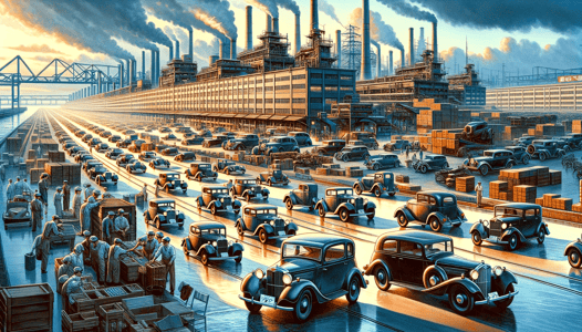 DALL·E 2024-01-08 21.47.57 - An illustrative image capturing the post-war resurgence of Japanese automobile manufacturers as they established mass production systems and expanded 