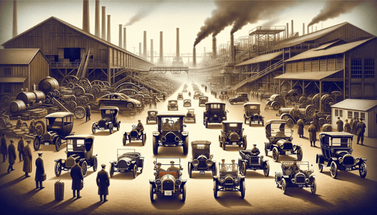 DALL·E 2024-01-08 21.48.12 - A historic image capturing the dawn of the Japanese automotive industry in the 1910s and 1920s, showcasing the transition from early vehicles used for