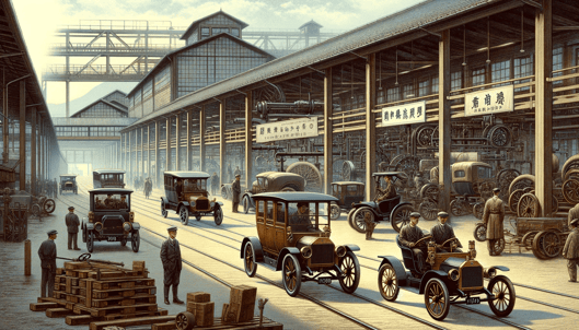 DALL·E 2024-01-08 21.48.15 - An illustrative image depicting the early development of the Japanese automotive industry during the 1910s and 1920s, focusing on the production of Ja