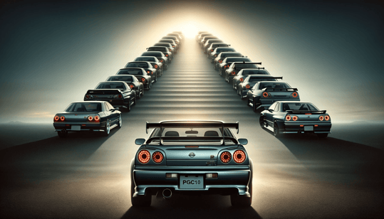 DALL·E 2024-01-08 21.49.50 - A creative and symbolic image representing the influence of the Nissan Skyline GT-R PGC10 and KPGC10 on the development of later Skyline GT-R models, 