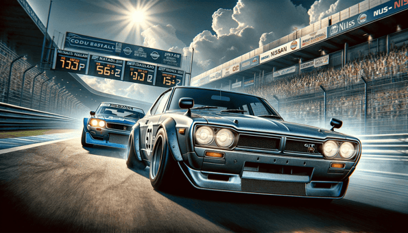 DALL·E 2024-01-08 21.50.05 - A dynamic and historic image depicting the racing achievements of the Nissan Skyline GT-R PGC10 and KPGC10. The scene should be set in a classic racin