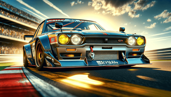 DALL·E 2024-01-08 21.50.35 - An artistic rendition of a Nissan Skyline GT-R Hakosuka with racing headlight covers in a dramatic race setting. The car should feature bold and vibra