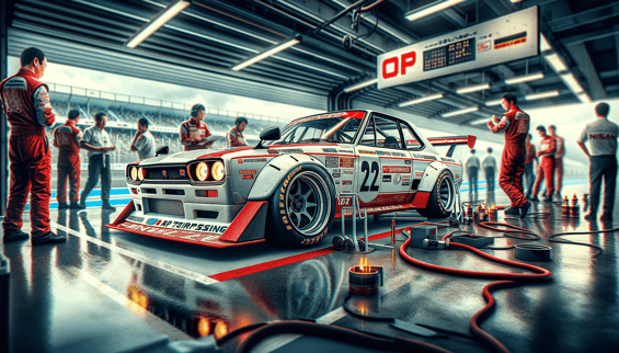 DALL·E 2024-01-08 21.50.58 - An artistic image of a Nissan Skyline GT-R Hakosuka modified for professional racing. The car features a bold racing livery in red and white, with pro