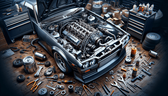 DALL·E 2024-01-08 21.51.27 - A detailed and realistic image of the engine room of a Nissan Skyline GT-R Hakosuka during a maintenance session. Mechanics tools are scattered aroun