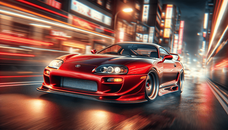 DALL·E 2024-01-08 21.51.43 - A realistic image of a Toyota Supra Mk4 (80 Supra) in a dynamic street racing scene. The car is sleek and modern, with a vibrant red color and glossy 