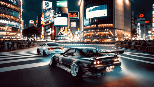DALL·E 2024-01-08 22.02.32 - A high-quality photo of a Nissan Fairlady Z (Z33) and a Mazda RX-7 (FD3S) drifting through the famous Shibuya crossing in Tokyo at night. The scene is