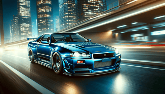 DALL·E 2024-01-08 22.02.47 - A high-quality photo of a blue Nissan Skyline GT-R (R34) speeding through a city at night. The car is modern and powerful, with a muscular, glossy blu