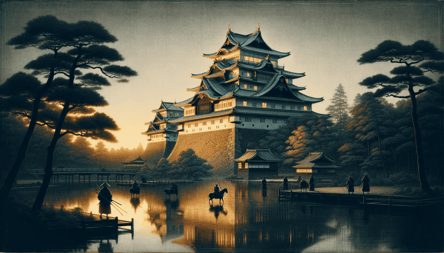 DALL·E 2024-01-13 10.50.56 - A scene at Nagoya Castle during the Edo period at twilight, capturing the castle in the soft light of the setting sun. The image shows the castles ma