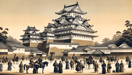 DALL·E 2024-01-13 10.51.20 - An overview of Himeji Castle during the Sengoku period, with the castle as the main focus. The scene includes samurai warriors in the foreground, enga