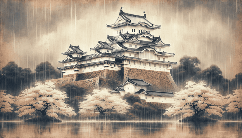 DALL·E 2024-01-13 10.52.40 - A traditional Japanese painting style depiction of Himeji Castle during a rainy day. The white castle, known for its elaborate design, appears mystica