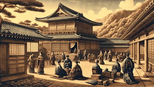 DALL·E 2024-01-13 11.37.40 - A detailed and realistic old portrait-style illustration showing another scene from the Heian period in Japan. This image focuses on the daily life an