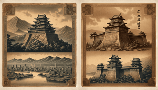 DALL·E 2024-01-13 12.09.27 - Two old, realistic portrait-style illustrations representing the development of Japanese castles during the Muromachi period, focusing on their role a