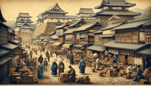 DALL·E 2024-01-13 12.21.10 - An old, realistic portrait-style illustration of a vibrant castle town during the Edo period in Japan, depicting a lively marketplace or a bustling st