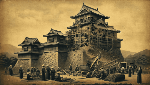 DALL·E 2024-01-13 12.28.18 - An old, realistic portrait-style illustration showing the demolition of a Japanese castle during the Meiji Restoration. The image should depict worker