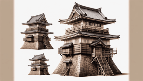 DALL·E 2024-01-13 12.32.54 - A detailed and realistic illustration of a Yagura (Japanese watchtower), used for guarding castle walls and gates, in the same style as the previous i
