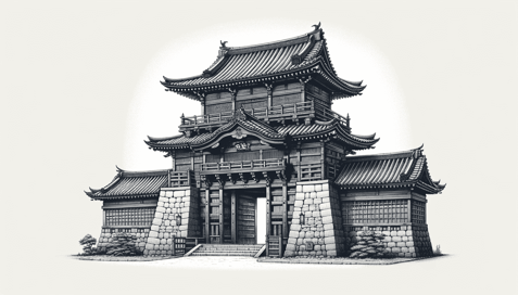 DALL·E 2024-01-13 12.49.52 - A detailed and realistic illustration of a simpler Mon (Japanese gate) serving as an entrance to a castle, in the same style as the previous images. T