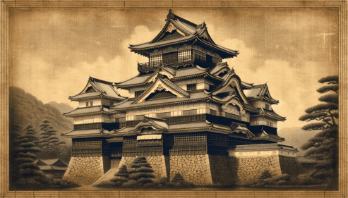DALL·E 2024-01-13 13.32.15 - A realistic old portrait-style illustration of a Goten (Japanese castle palace), where the castle lord and his family resided, and where political mee