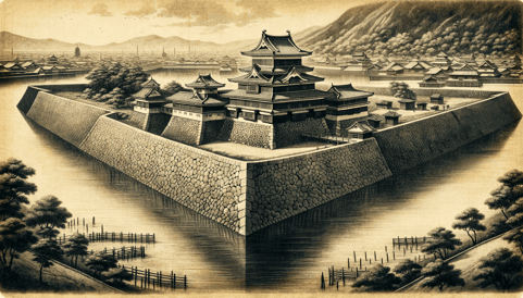 DALL·E 2024-01-13 13.50.21 - An old, realistic portrait-style illustration of a Hori (moat) surrounding a Japanese castle. The image should depict the moat in a historical context (1)