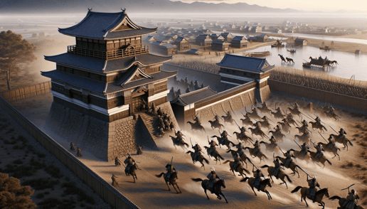 DALL·E 2024-01-13 14.06.04 - A photorealistic image of a traditional Japanese castle being attacked by samurai and cavalry. The scene should depict the castle under siege, with sa (1)