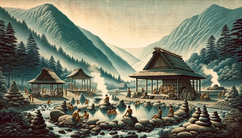 DALL·E 2024-02-11 18.48.29 - A historical depiction of early hot spring usage in Japan, focusing on the ancient practices associated with thermal waters. The image portrays a sere