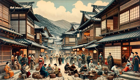 DALL·E 2024-02-11 18.48.33 - An illustrative scene of an Edo-period hot spring town, with a focus on the literary and artistic activities that flourished there. The image portrays