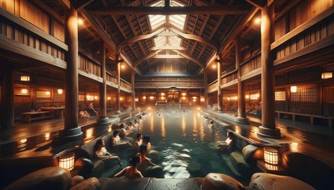 DALL·E 2024-02-11 18.48.53 - An intimate scene inside a traditional Japanese indoor hot spring (onsen). The setting features wooden architecture with a high ceiling, creating a wa