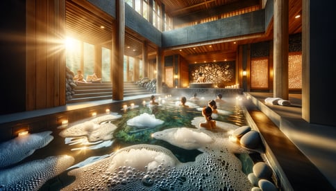 DALL·E 2024-02-11 18.48.57 - A serene and therapeutic scene of a carbonated hot spring bath, showcasing the gentle fizzing of carbon dioxide bubbles on the surface of the water an