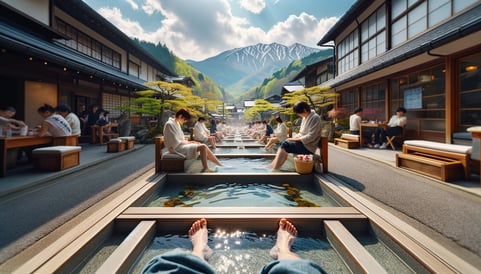 DALL·E 2024-02-11 18.49.24 - A relaxing and inviting scene of a foot bath (ashiyu) facility, easily accessible during a stroll through a hot spring town. The foot bath is set outd