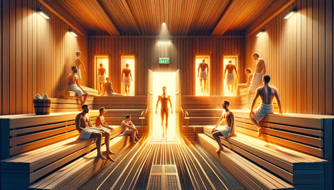DALL·E 2024-02-11 18.49.30 - A revitalizing scene of a sauna facility, where visitors experience the cycle of warming their bodies in a high-temperature room and then cooling down