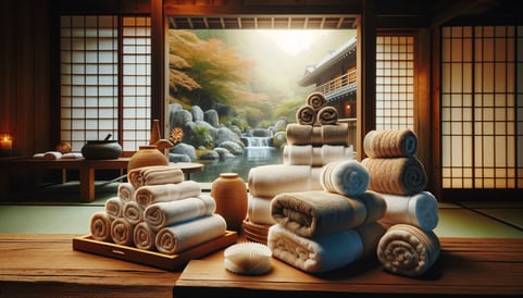 DALL·E 2024-02-11 18.53.17 - An elegant display of bath towels and face towels at a hot spring spa, emphasizing the luxurious and comforting aspect of the onsen experience. The to
