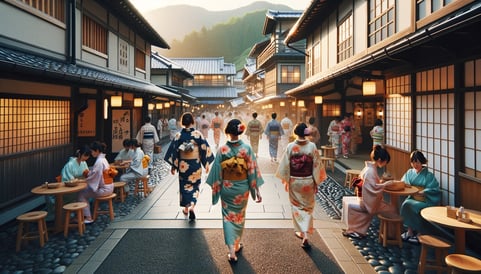 DALL·E 2024-02-11 18.55.24 - A peaceful and traditional scene at a hot spring facility, featuring guests wearing yukata, a casual summer kimono. The setting is a tranquil onsen to