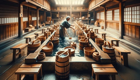 DALL·E 2024-02-11 18.58.41 - A traditional scene at a hot spring facility, showing the use of wooden buckets (yuboko) and ladles (yuoke) for washing and rinsing the body before en