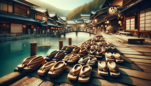 DALL·E 2024-02-11 18.59.49 - A charming scene at a hot spring town, depicting traditional Japanese geta (wooden sandals) lined up at the entrance of an onsen or a ryokan. The geta