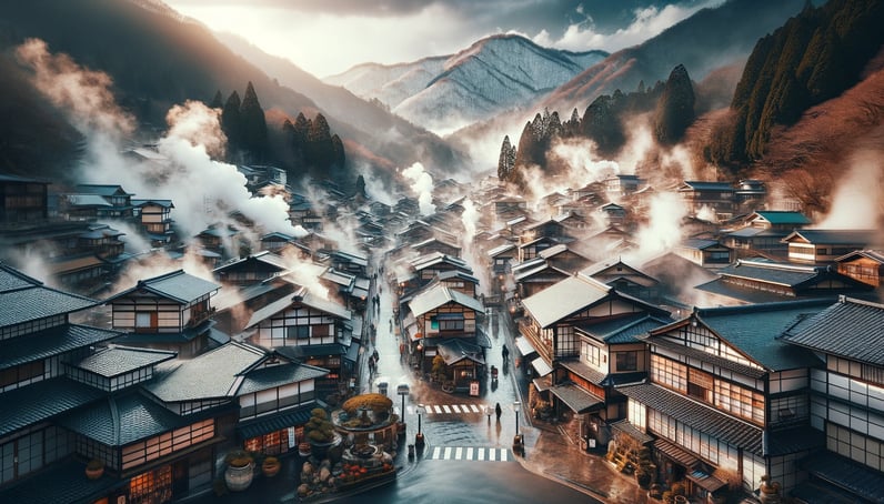 DALL·E 2024-02-11 19.02.23 - A picturesque scene of a Japanese hot spring town, with steam rising from various locations throughout the town, creating a mystical and inviting atmo