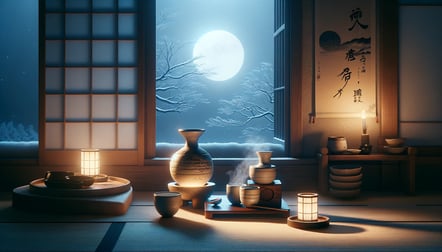 DALL·E 2024-02-18 17.45.28 - Visualize a serene evening scene focused on enjoying hot sake (熱燗). Imagine a setting by a window with a view of a moonlit snowy landscape outside. A 