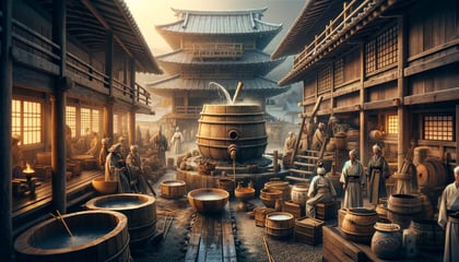 DALL·E 2024-02-18 17.46.26 - Create a historical and atmospheric image that captures the essence of the early days of sake brewing in Japan, which adapted Chinese brewing techniqu