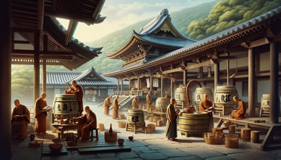 DALL·E 2024-02-18 17.48.18 - Visualize a scene from the Kamakura to Muromachi period in Japan, where monks and temples were at the heart of sake brewing, significantly advancing t