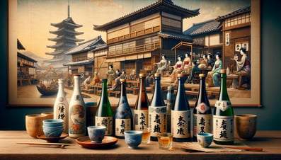 DALL·E 2024-02-18 17.50.39 - Reimagine the previously created image showcasing the evolution and diversity of Japanese sake, but in an Edo-period style. Visualize a traditional Ed