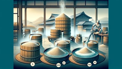 DALL·E 2024-02-18 17.59.36 - Create an image illustrating the sake brewing steps of washing rice, soaking it, and then steaming it, which are crucial for preparing the rice for ko