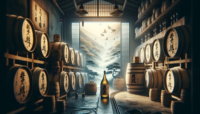 DALL·E 2024-02-18 18.03.52 - Create an image depicting the aging process of sake, where the sake undergoes maturation after pasteurization and before bottling, enhancing its flavo