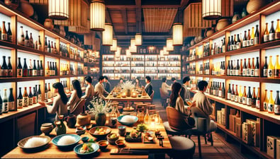 DALL·E 2024-02-18 18.04.32 - Create an image that captures the atmosphere of a Japanese sake bar or izakaya, where a wide variety of sake, from local brands to rare finds from acr