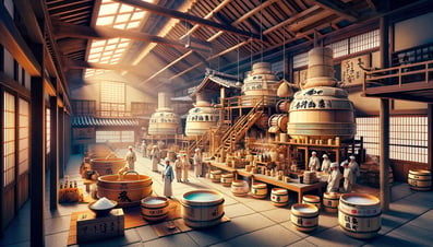 DALL·E 2024-02-18 18.05.22 - Create an image that captures the essence of visiting a sake brewery in Japan, where one can deeply understand the sake-making process. The scene shou