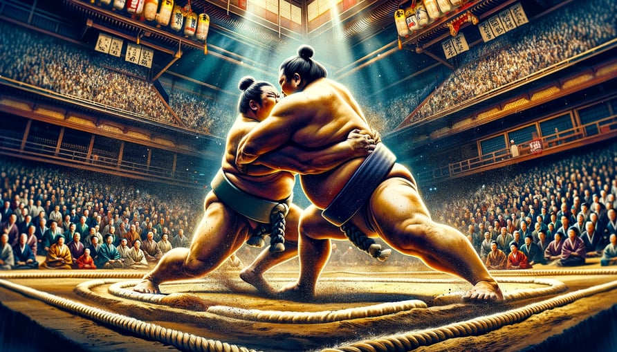 DALL·E 2024-02-23 18.34.40 - A dynamic and powerful scene of a sumo wrestling match, capturing the intense moment of impact between two sumo wrestlers in the center of the dohyo. 