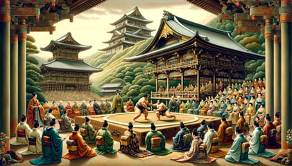 DALL·E 2024-02-23 18.39.41 - A dramatic and enchanting depiction of a sumo match taking place at a royal court during the Heian period, illustrating the evolution of sumo into a c