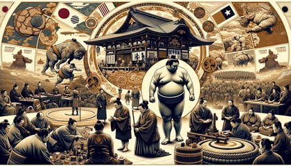 DALL·E 2024-02-23 18.41.00 - A majestic and detailed illustration that captures the rich history and traditions of sumo wrestling, along with its strict rules and etiquette. The i