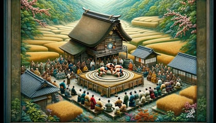 DALL·E 2024-02-23 18.42.21 - An artistic interpretation of the ancient sumo rituals, where sumo wrestling is being performed as a ceremonial rite to predict the years harvest. Th