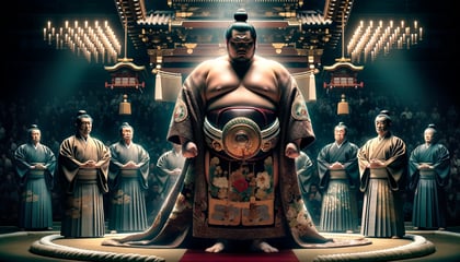DALL·E 2024-02-23 18.44.23 - A powerful and dignified image of a Yokozuna, the highest rank in professional sumo wrestling, standing in the center of the dohyo (sumo ring) perform