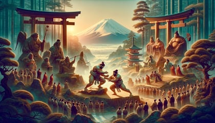 DALL·E 2024-02-23 18.44.33 - A mystical and historical scene depicting the origins of sumo wrestling in the mythological era of Japan, with divine figures engaging in the first su